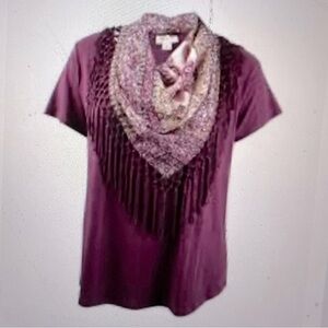 Style & Co. Plum Short Sleeve Tee with Knit Fringe Scarf